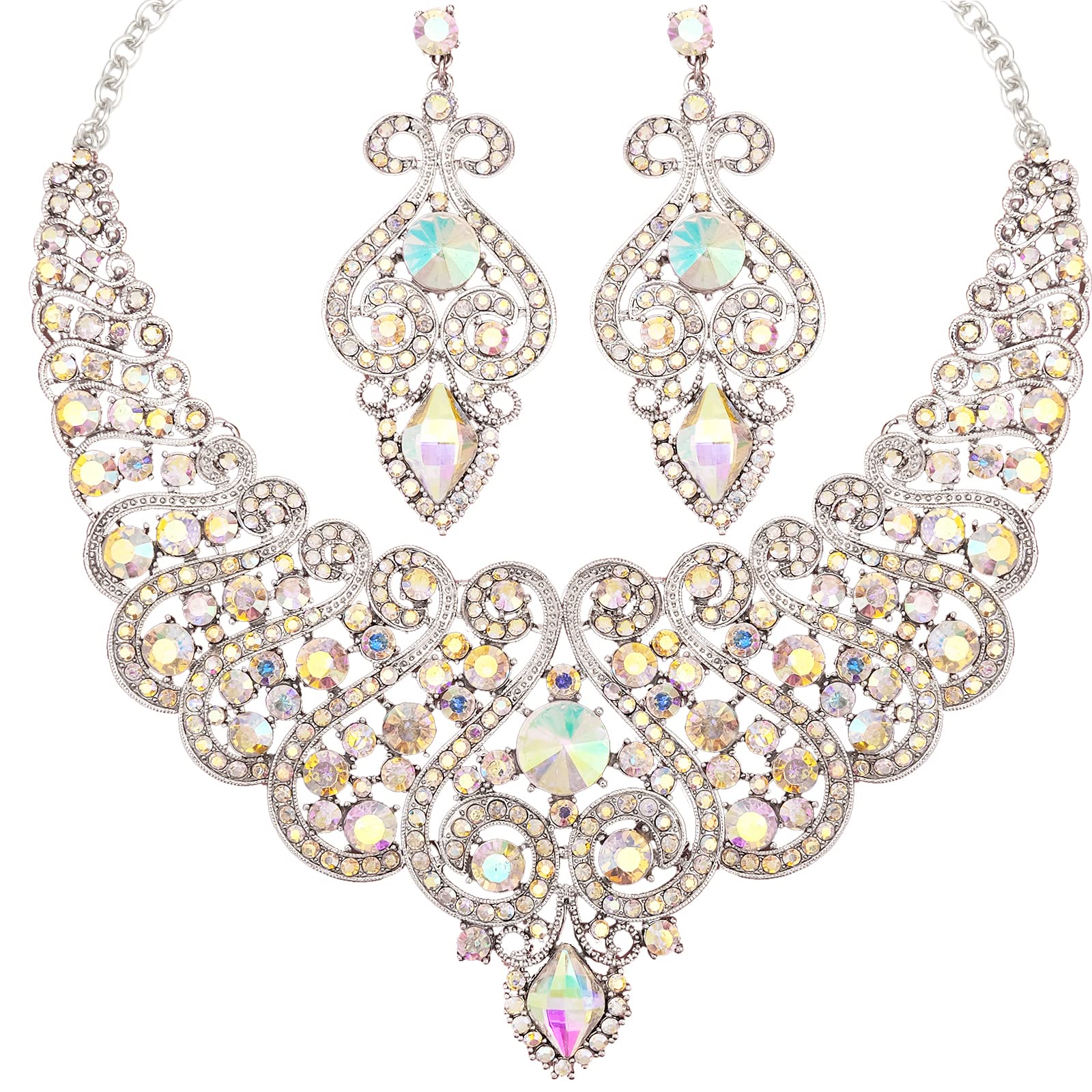 CSY Luxury Big Statement Bib Necklace Earrings Sets Wedding Party Prom Dress Costume Jewelry Set Accessories for Brides Women (AB Crystal)